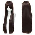 Detailed front and back view of 80cm dark brown long straight cosplay wig with bangs - Tan