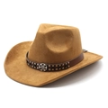 Chapeau de cowboy en daim marron avec bande en cuir cloutée et boucle en métal rétro - Suède / Kaki