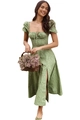 Robe longue fleurie verte pour femme avec manches bouffantes, fente et style champêtre - S / Vert à pois verts