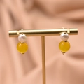 Elegant drop earrings featuring natural white pearl and yellow lapis bead on gold hanger - Yellow Round Ball Pearl Drop Earrings