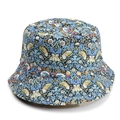 Detail of blue sun hat with floral and bird print patterns on durable cotton canvas - William Morris Blue (017#)