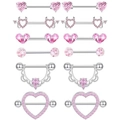 6 pairs of stainless steel nipple rings set with pink zircon hearts and moons - Pink Jewelry Set