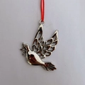 Silver metal dove ornament with olive branch and red string for Christmas decor - Pigeon