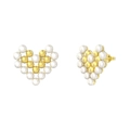 Elegant S925 silver heart stud earrings featuring natural pearls and gold metal spheres - GPE73-14K Gold Heart Pearl Studs / Gold