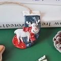 Hand-painted 3D reindeer stocking Christmas ornament with rustic jute hanging rope - Blue Sock Reindeer