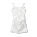 Detail of white square neck sleeveless dress featuring elegant pleats and ruched satin fabric - S / White