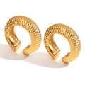 Gold stainless steel hoop earrings with textured fish scale pattern and wide band design - Large Fish Scale C-Shape Ear Clip (E7389) / Gold