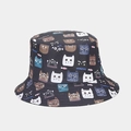 Close-up of printed cartoon cat patterns on a dark blue reversible cotton bucket hat - M (56-58cm) / Color 3 (Fun Cat Heads - Dark Blue)
