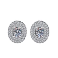 Elegant silver halo stud earrings with oval-cut moissanite and double pavé border - TED339-Double Oval Halo Studs