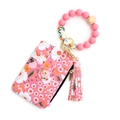 Pink floral card holder with silicone bead wristlet strap and stylish long tassel - 3 Deep Pink