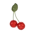 Close-up of red disco ball cherry ornament with green leaf on a white background - 4cm Red