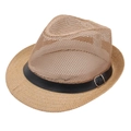 Hollow straw fedora in light brown with breathable mesh design and black faux leather belt - One Size / Khaki