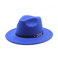Detail of wool fedora hat in royal blue featuring a black band with gold chain buckle - M (56-58cm) / Blue