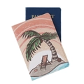 Faux leather passport holder with tropical island print and palm trees on pink background - Beach Sunset