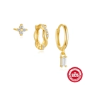 Three-piece S925 sterling silver gold earring set with rectangular zircon and floral studs - 3 Pcs Set Gold #4 (Rectangular Zirconia)