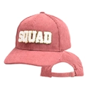 Detail of pink corduroy baseball cap with SQUAD chenille patch and adjustable strap - SQUAD-Dusty Pink