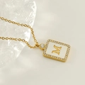 Gold square necklace featuring shell M pendant and sparkling zircon border - Gold-M