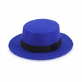 Detailed 45-degree angle view of the royal blue flat top wool fedora with a black ribbon - S / Blue