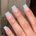 Square press-on nails in nude pink base with bright light blue French tips finish - Bz1503's Exquisite Craftsmanship / Jelly Glue + Nail File