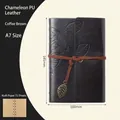 Vintage A7 leaf-embossed coffee PU leather binder notebook with metal pendant charms - Coffee / A7