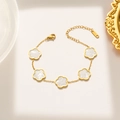 Elegantes 18KGP vergoldetes Kleeblatt-Armband mit fünf weißen Perlmutt-Blumenanhängern - 967 Weißes Muschelarmband Gold