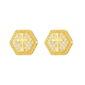Iced out gold hexagon cross stud earrings for men with micro-paved cubic zirconia stones - Gold Plated + White Stone