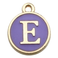 Round gold-plated charm with purple enamel finish featuring a central letter E - Letter E / 1 Piece (12x14mm) / Purple