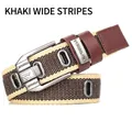 Men's casual canvas belt with khaki wide stripes and silver-gray pin buckle - Khaki Striped