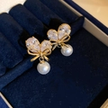Elegant gold bow earrings with sparkling rhinestones and round white pearls in a box - 109# Gold Bowknot Artificial Pearl