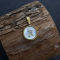 Gold round pendant with shell inlay and letter X on natural wood background - Letter X / 17x20mm