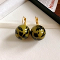 Detailed view of leopard print acrylic ball earrings with gold leverback closure - 17# Leverback - Gold Green Black (Ball Pendant)