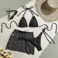 Detailed flat lay of three-piece black mesh bikini set with sequined texture and sarong - S / Black