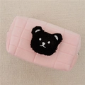 Pink quilted plush storage bag with cartoon bear patch and secure metal zipper - Pink (Black Bear)