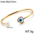 Golden open heart bangle with evil eye shell pearl charm measuring 56x2.5mm and 5g weight - Heart Style (KB122993-K)