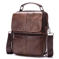 Vertical brown genuine leather messenger bag with adjustable strap and top handle - Coffee