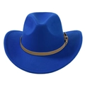 Detail of wide brim wool felt hat in bright blue with a tan leather buckle band - Adult 58cm One Size / Royal Blue
