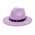 Close-up of lavender wool fedora hat featuring black belt with silver punk studs - M (56-58cm) / Taro Purple