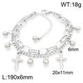 Silver double-layer cross pendant bracelet in stainless steel featuring round bead accents - Style E Steel Color (KB187011-Z)