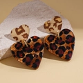 Retro acrylic leopard print double heart drop earrings on a decorative stone base - Silver Earring Post - Coffee