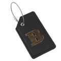 Black leather luggage tag with gold embossed letter B and silver metal wire ring - Letter B