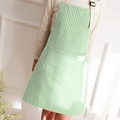 Waterproof kitchen apron with green and white stripes and a handy front pocket - Light Green - Striped Cotton Linen