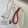 Silver snake chain with double hearts and adjustable bead necklaces set for women - Adjustable Drawstring Heart Necklace / Silver