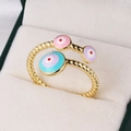 Anello regolabile placcato oro con tre ciondoli occhio del male in smalto colorato - Aperto Regolabile / Multicolore 1 (Rosa/Viola/Azzurro)
