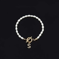Elegant oval pearl bracelet with a gold OT clasp and sparkling letter S pendant - Gold Letter S (SL2013)
