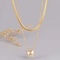Double-layered gold butterfly necklace featuring flat snake chain and bead chain design - Necklace / Gold