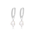 Elegante S925 zilveren oorringen met pavé zirkoon en barokke parel hangertjes - Witgoud / Natuurlijke parel (E3218)