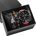 Men's quartz watch with brown leather strap and tiger eye crown bracelet gift set - Wolf Head Totem