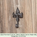 Vintage fleur-de-lis cast iron wall hook with measurements 9x15.5cm on rustic wood base - Spearhead Single Hook C-DS6727