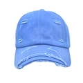 Detailed view of sky blue distressed cotton baseball cap with stylish ripped holes - M (56-58cm) / Dark Blue