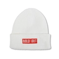 Close-up of a white knit beanie with a red patch and SOLD OUT embroidery detail - M (56-58cm) / White